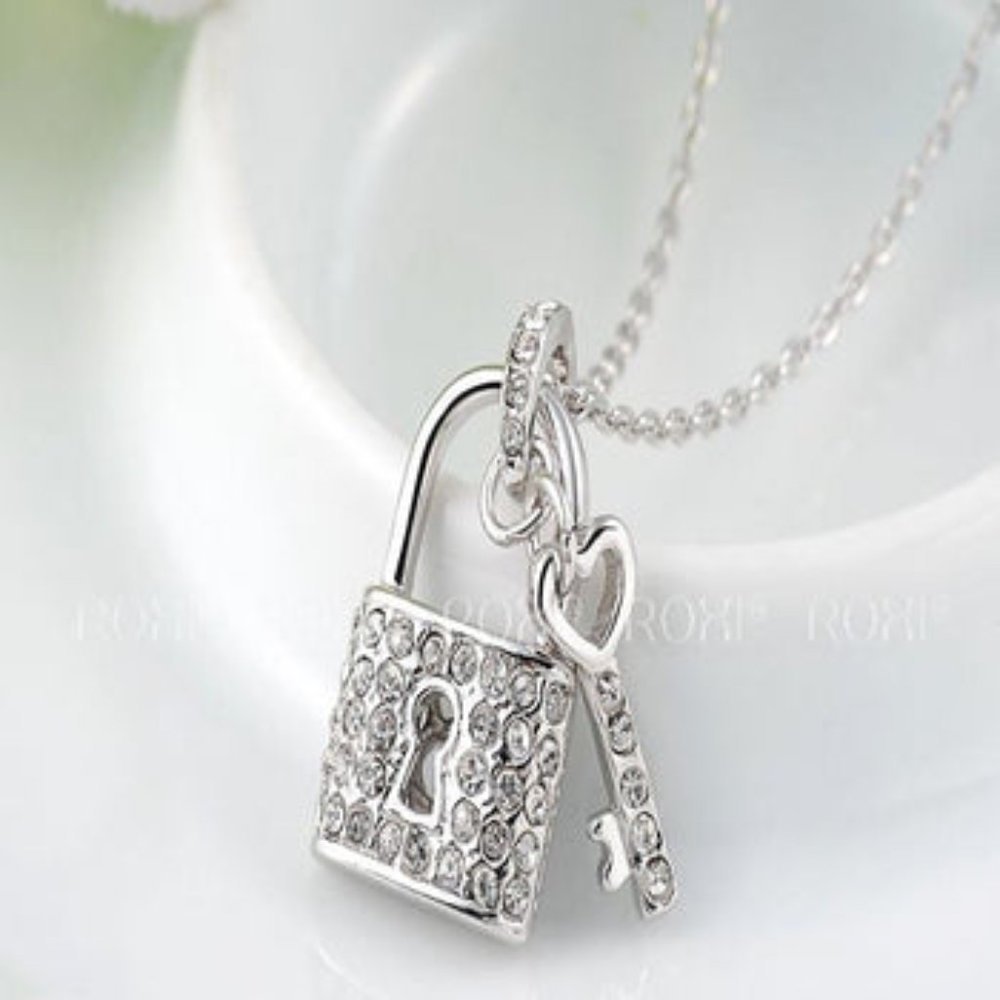 Love Lock & Key Crystal Chain Multi Statement Necklace Pendent Collar - Silver